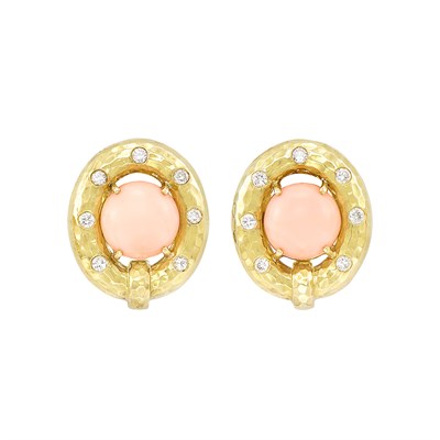 Lot 607 - Pair of Hammered Gold, Angel Skin Coral and Diamond Earrings, David Webb
