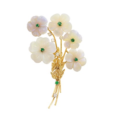 Lot 358 - Gold, Carved Opal, Emerald and Diamond Flower Brooch