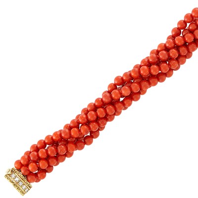 Lot 547 - Multistrand Coral Bead, Gold and Diamond Torsade Bracelet, Van Cleef & Arpels