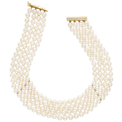 Lot 550 - Four Strand Cultured Pearl Necklace with Gold and Diamond Clasp
