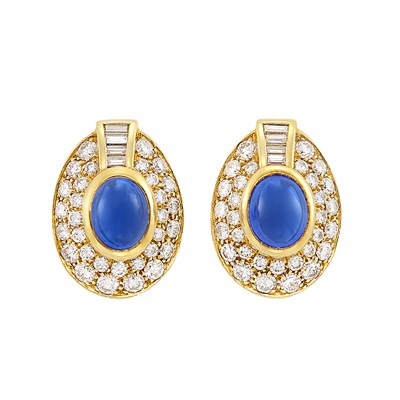 Lot 35 - Pair of Gold, Cabochon Sapphire and Diamond Earclips