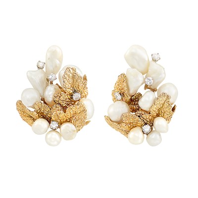 Lot 181 - Pair of Gold, Platinum, Freshwater Pearl and Diamond Earrings, Ruser