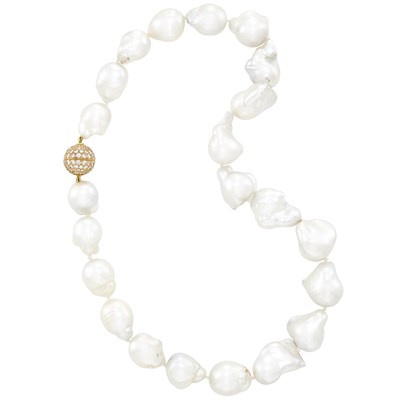 Lot 215 - Baroque South Sea Cultured Pearl Necklace with Gold and Diamond Ball Clasp