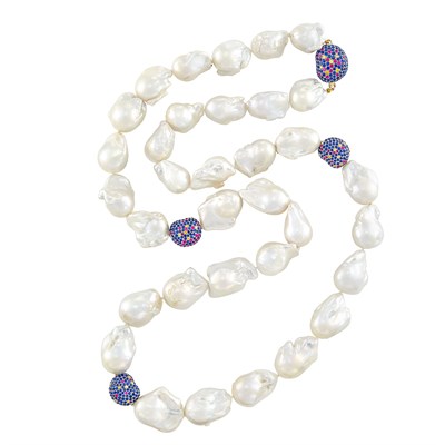 Lot 143 - Baroque South Sea Cultured Pearl, Two-Color Gold, Sapphire, Ruby and Colored Diamond Necklace