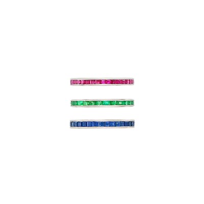 Lot 564 - Three Platinum, Ruby, Sapphire and Emerald Guard Rings