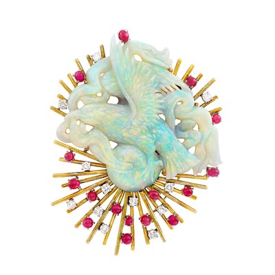 Lot 105 - Gold, Carved Opal, Cabochon Ruby and Diamond Clip-Brooch