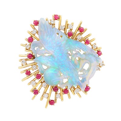 Lot 208 - Gold, Carved Opal, Cabochon Ruby and Diamond Pendant