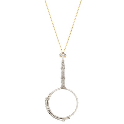 Lot 166 - Platinum and Diamond Lorgnette, Cartier, France, with Long Gold Chain Necklace