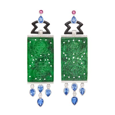 Lot 399 - Pair of White Gold, Carved Jade, Black Onyx, Sapphire, Pink Sapphire and Diamond Pendant-Earrings