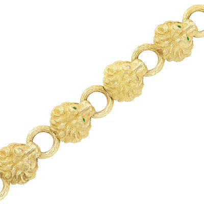 Lot 86 - Gold, Diamond and Emerald Lion Head Bracelet