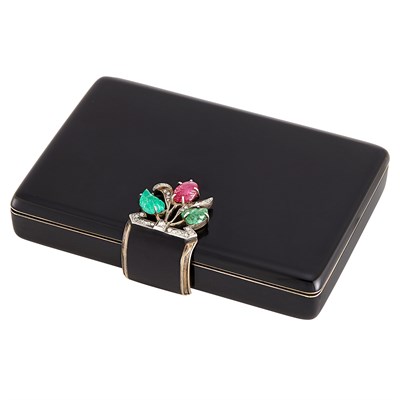 Lot 315 - Silver-Gilt, Black Enamel, Carved Emerald and Ruby and Diamond 'Tutti Frutti' Vanity, France