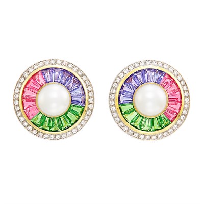 Lot 118 - Pair of Two-Color Gold, Cultured Pearl, Gem-Set and Diamond Earrings
