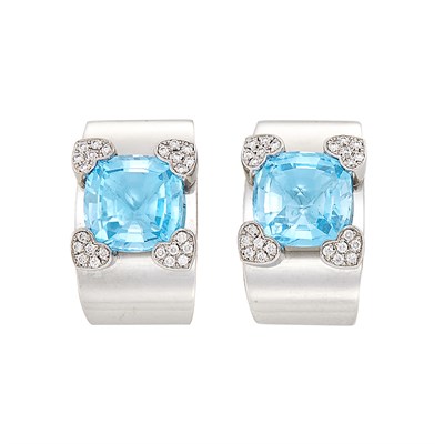 Lot 470 - Pair of White Gold, Blue Topaz and Diamond Earrings, Chopard