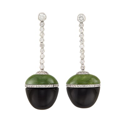 Lot 314 - Pair of White Gold, Black Onyx, Nephrite and Diamond Pendant-Earrings
