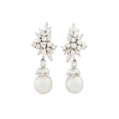 Lot 630 - Pair of Platinum, Diamond and South Sea Cultured Pearl Pendant-Earclips