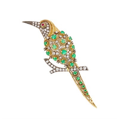 Lot 352 - Gold, Oxidized Silver, Diamond and Emerald Bird Brooch