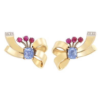 Lot 92 - Pair of Gold, Sapphire, Cabochon Ruby and Diamond Earclips