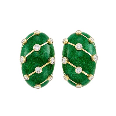 Lot 516 - Pair of Gold, Green Paillonné Enamel and Diamond Earclips, Tiffany & Co., Schlumberger