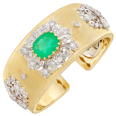Lot 467 - Two-Color Gold, Emerald and Diamond Cuff Bangle Bracelet