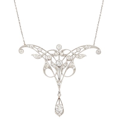 Lot 148 - Art Nouveau Platinum and Diamond Pendant with White Gold Chain Necklace