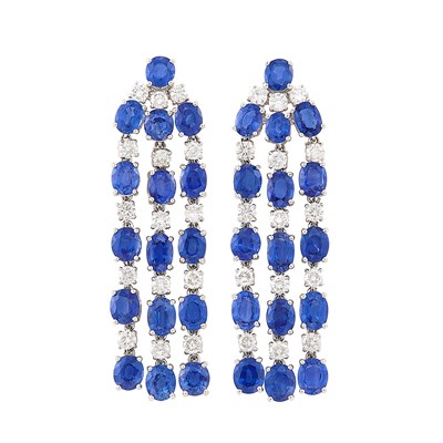 Lot 137 - Pair of White Gold, Sapphire and Diamond Fringe Earclips