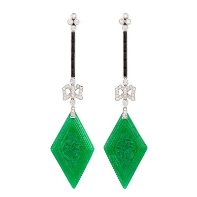 Lot 308 - Pair of White Gold, Carved Jade, Black Onyx and Diamond Pendant-Earrings