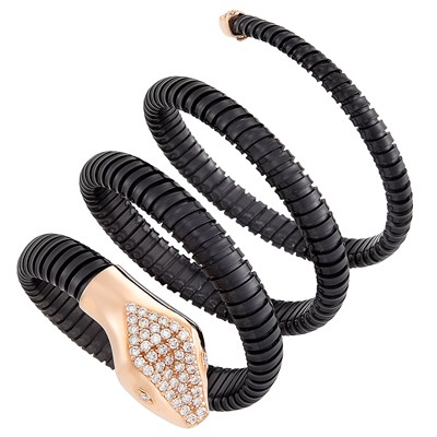 Lot 260 - Rose Gold, Oxidized Titanium and Diamond Snake Bracelet