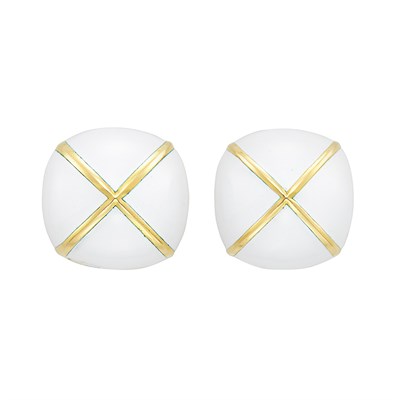 Lot 20 - Pair of Gold and White Enamel Bombé Earclips, David Webb