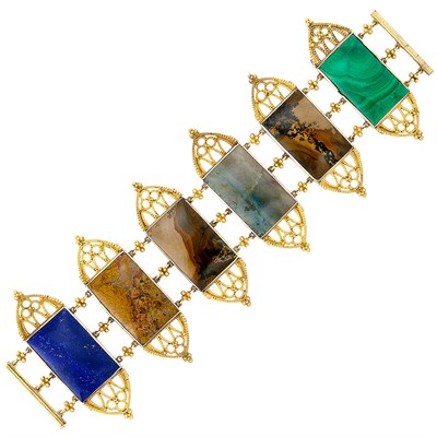 Lot 173 - Wide Gothic Revival Gold, Agate, Lapis and Malachite Bracelet