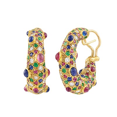 Lot 55 - Pair of Gold, Gem-Set and Diamond Hoop Earrings