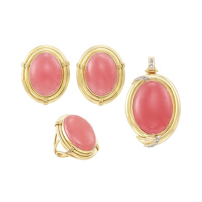Lot 29 - Pair of Gold, Cabochon Pink Rhodochrosite and Diamond Earrings, Ring, and Pendant