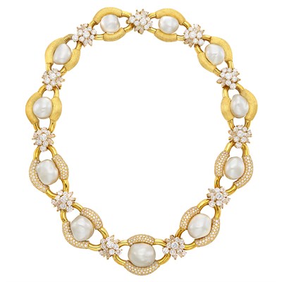 Lot 393 - Gold, South Sea Semi-Baroque Cultured Pearl and Diamond Necklace, Henry Dunay