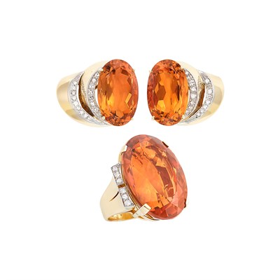 Lot 174 - Pair of Gold, Platinum, Citrine and Diamond Earclips and Ring
