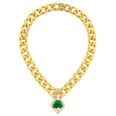 Lot 389 - Gold, Peridot and Diamond Curb Link Chain Necklace, Henry Dunay