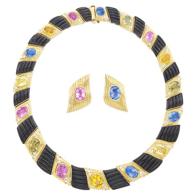 Lot 289 - Gold, Multicolored Sapphire, Carved Black Onyx and Diamond Necklace and Pair of Earclips