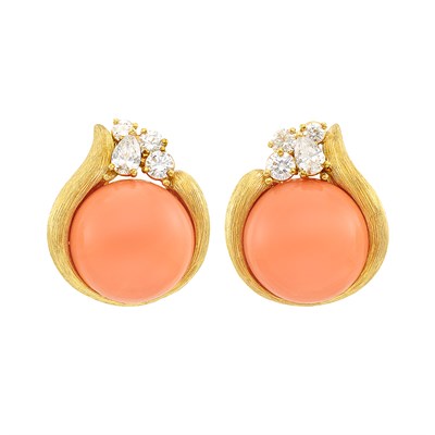 Lot 379 - Pair of Gold, Coral and Diamond Earclips, Henry Dunay