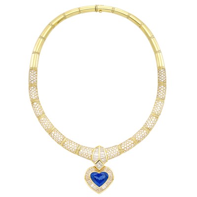 Lot 398 - Gold, Sapphire and Diamond Pendant-Necklace