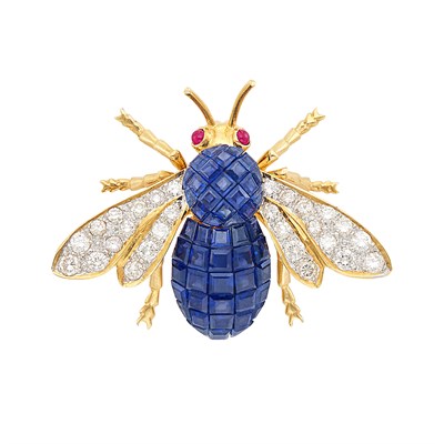 Lot 615 - Two-Color Gold, Invisibly-Set Sapphire and Diamond Insect Pin
