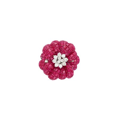 Lot 399 - White Gold, Invisibly-Set Ruby and Diamond Flower Ring