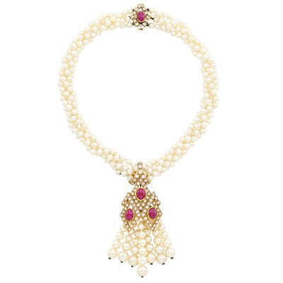 Lot 194 - Four Strand Cultured Pearl, Gold, Cabochon Ruby and Diamond Torsade Fringe Pendant-Necklace