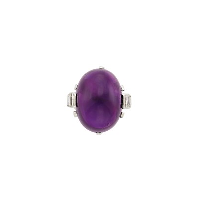 Lot 157 - Platinum, Cabochon Amethyst and Diamond Ring