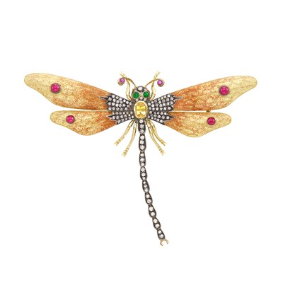 Lot 88 - Gold, Silver, Enamel, Yellow Sapphire, Cabochon Ruby and Emerald, Ruby and Diamond Dragonfly Pendant-Brooch