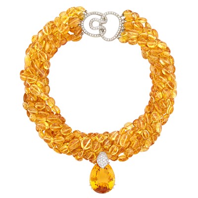 Lot 90 - Multistrand Tumbled Citrine Bead, White Gold, Citrine and Diamond Torsade Necklace, Marlene Stowe
