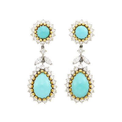 Lot 370 - Pair of Two-Color Gold, Turquoise and Diamond Pendant-Earclips