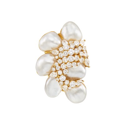 Lot 394 - Gold, Baroque South Sea Cultured Pearl and Diamond Clip-Brooch, Henry Dunay