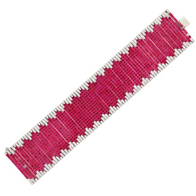 Lot 267 - Wide White Gold, Invisibly-Set Ruby and Diamond Bracelet
