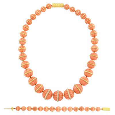 Lot 380 - Carved Coral, Gold and Diamond Necklace and Bracelet, Henry Dunay