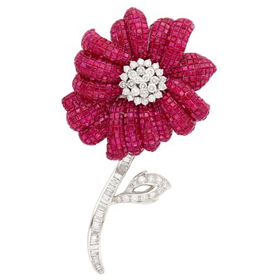 Lot 262 - White Gold, Invisibly-Set Ruby and Diamond Flower Clip-Brooch