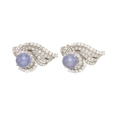 Lot 84 - Pair of Platinum, Gray Star Sapphire and Diamond Pins