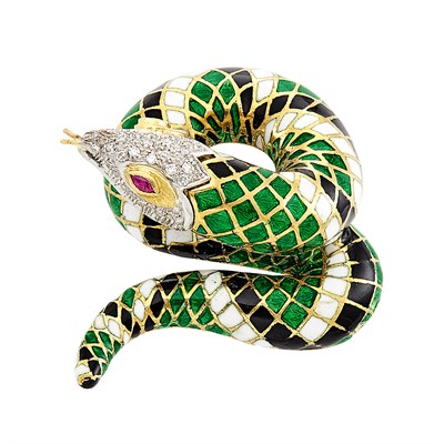 Lot 318 - Two-Color Gold, Multicolored Enamel, Diamond and Ruby Snake Clip-Brooch